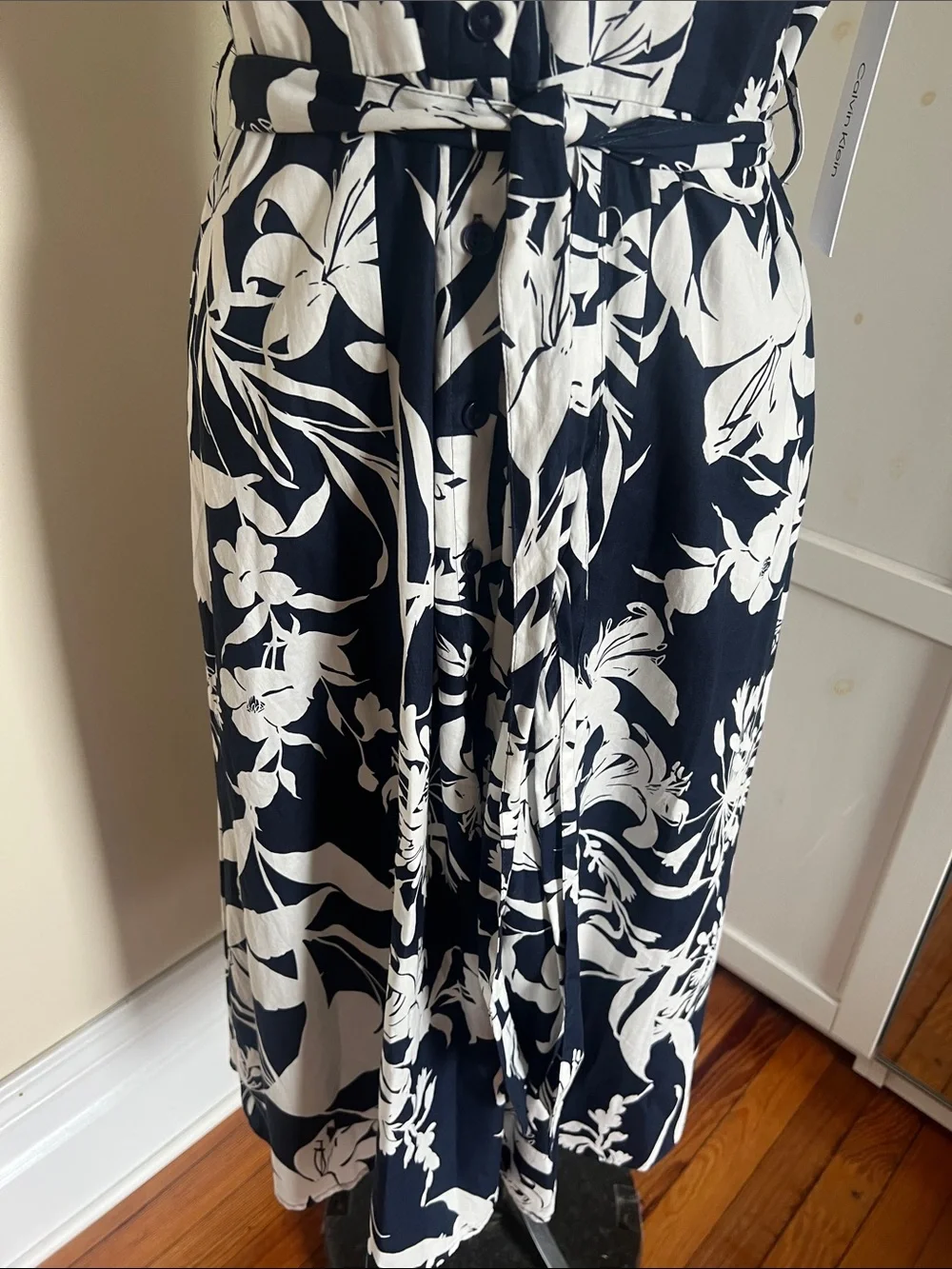 Calvin Klein Navy White Floral Cotton Shirt Dress NWT 12 Sleeveless Midi - Picture 4 of 10